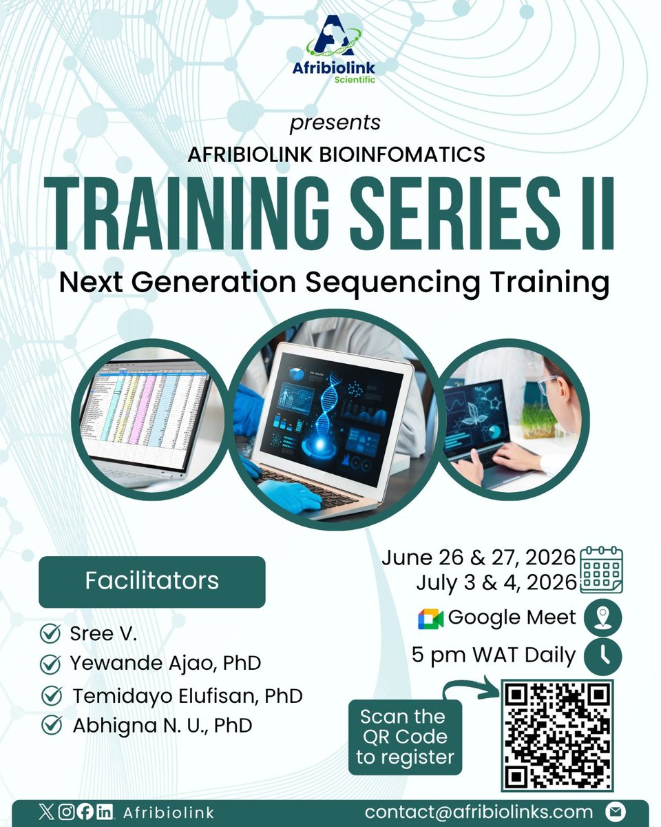 AfribiolinkS's tweet photo. Registration is Now Open: Afribiolink Scientific Training Series II

Registration Link: https://t.co/CAMAmUcNGF

We encourage students and researchers interested in genomics and bioinformatics to apply.

#Afribiolink #NGS #Bioinformatics  #LifeScienceAfrica https://t.co/LhRL5RxhxC