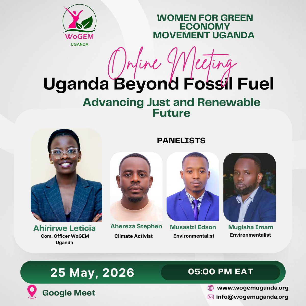 WogemU's tweet photo. In #commemoration of #AfricaVukaDay, join us for a powerful conversation on “Uganda Beyond #FossilFuel: Advancing a Just and Renewable Future.” 
Together, let’s reimagine an Africa powered by justice, and sustainability.

📅 25th May 2026
⏰ 5:00 PM EAT
📍 https://t.co/L0hAT2qzMc https://t.co/1WocbpIfyx