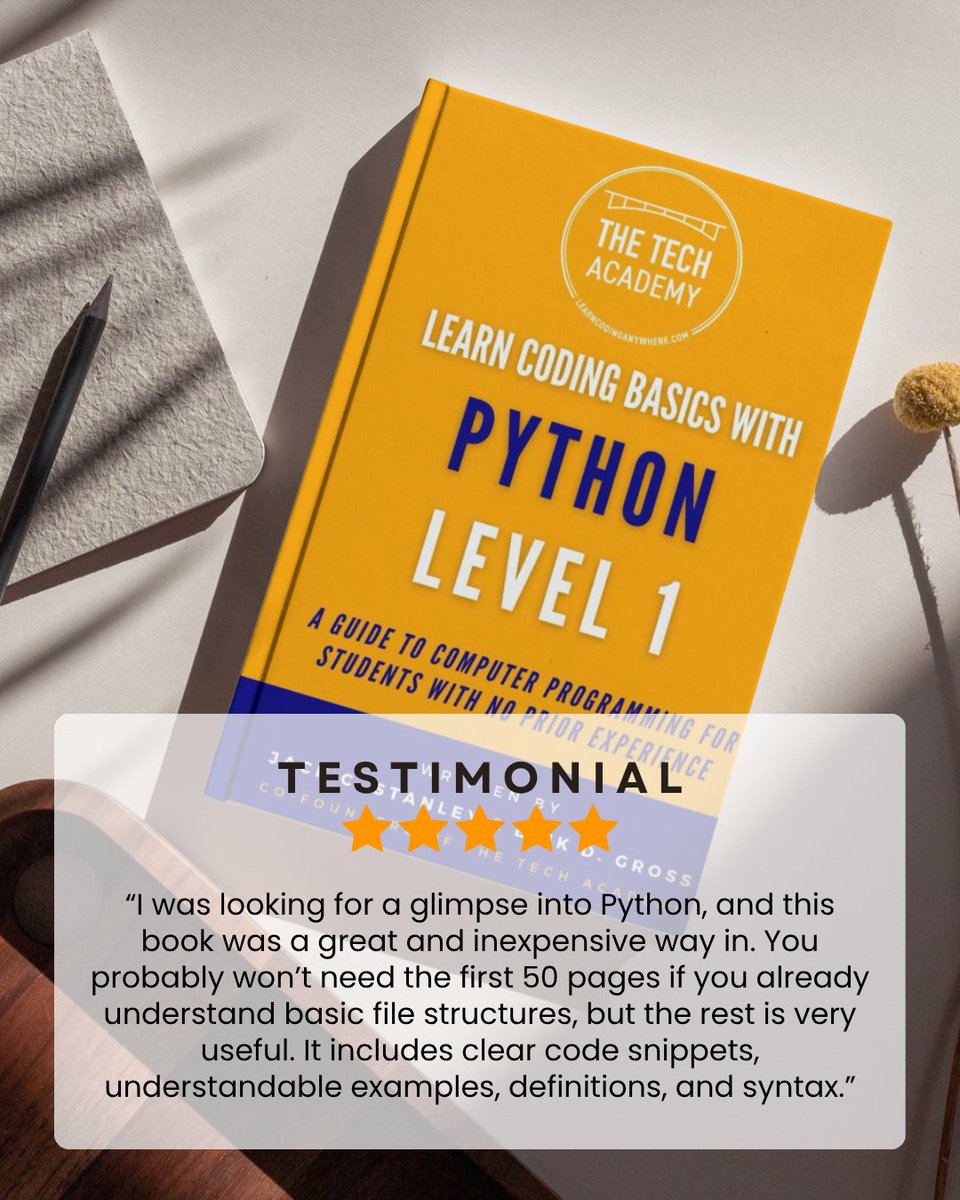 TheTechAcad's tweet photo. Learn Coding Basics With Python makes coding approachable for total beginners.
👉 Get your copy today: https://t.co/hDuG7PgYeO
#thetechacademy #codeschool #techjob #softwaredeveloper #learntocode #computerprogrammer https://t.co/rZES6zLBsG