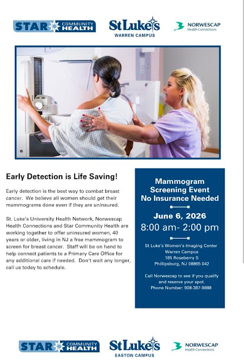 njsap's tweet photo. St. Luke's University Health Network, Norwescap Health Connections, and Star Community Health are working together to offer uninsured women, 40 years or older, living in NJ, a free mammogram to screen for breast cancer. https://t.co/DdPwKTfSF3