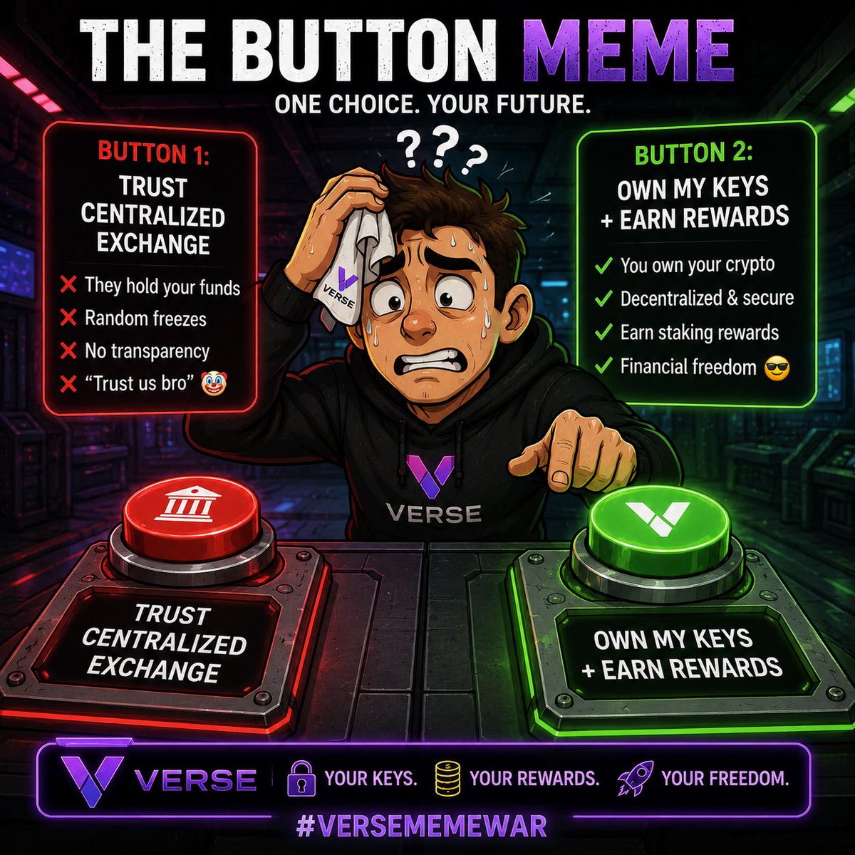 workharder001's tweet photo. Button 1:
“Trust centralized exchanges again”

🟣 Button 2:
“Own my keys + earn rewards with VERSE”

😅 Sweating guy trying to choose…

Bro acting like the answer isn’t obvious 💀🔐

#VerseMeMeWar #Verse #SelfCustody 
Join us at https://t.co/myncfJffUk https://t.co/2wkCHaYWH3