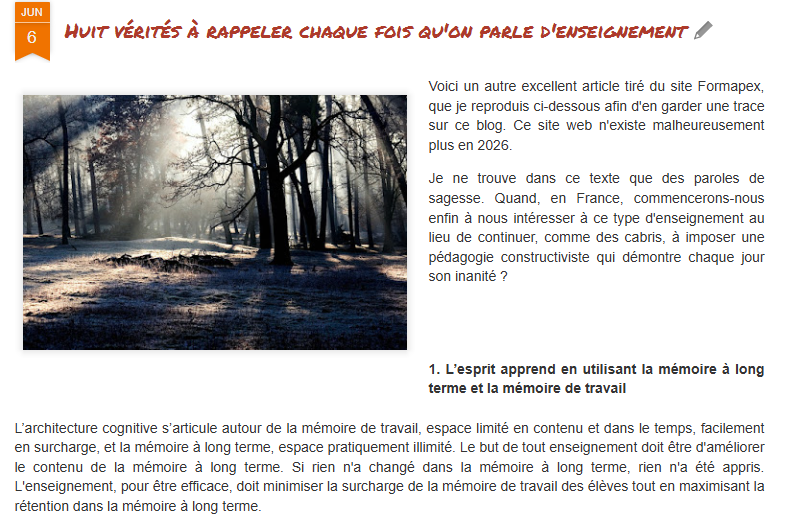 MegamathsTweets's tweet photo. 8 vérités à rappeler chaque fois qu'on parle d'enseignement 
1. L’esprit apprend en utilisant la mémoire à long terme et la mémoire de travail
2. L’esprit critique repose sur un stock de connaissances
3. La mémoire est le résidu de la pensée
La suite en :
https://t.co/KxObqmrKvG https://t.co/XRSlGEWPhg