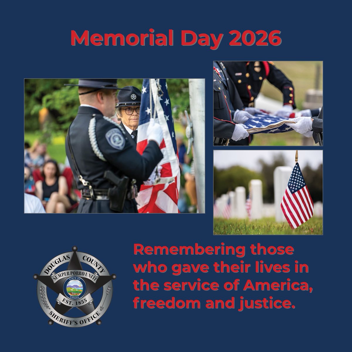 DGSOSheriff's tweet photo. DGSO administrative offices will be closed Monday, in observance of Memorial Day.

For non-emergencies: call 785-843-0250.
Emergency: dial (or text) 911.
Mental health crisis or support: call or text 988. https://t.co/h2VPq5vBHE