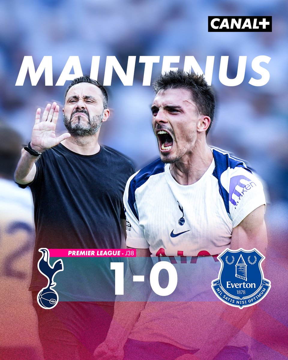 CanalplusFoot's tweet photo. 🚨 TOTTENHAM SE MAINTIENT EN PREMIER LEAGUE !

Les Spurs s'imposent face à Everton et envoient West Ham en Championship 😮‍💨

#TOTEVE | #PremierLeague https://t.co/BFaZMfx7US