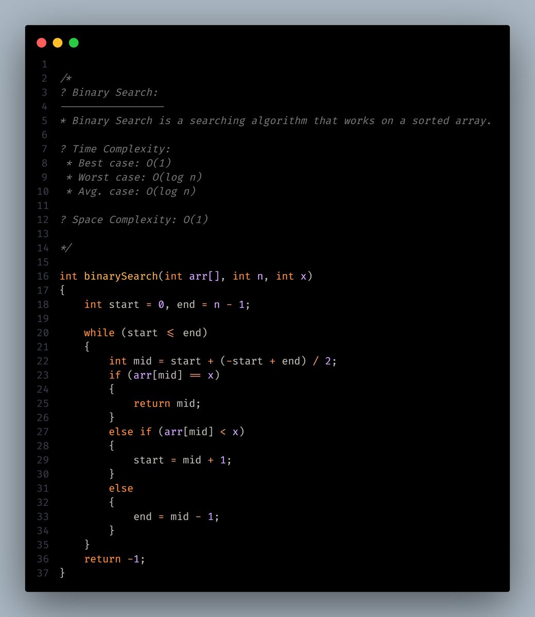 _akkal_dhami's tweet photo. Day-11 of my DSA journey in C++ with @CoderArmy
@rohit_negi9

Topics covered today:  
✅ Binary Search:
    👉Time Complexity:
        👉Best case: O(1)
        👉Worst case: O(log n)
        👉Avg. case: O(log n)
     👉Space Complexity: O(1)

#dsa #180daysofcode https://t.co/gejtN96RFA