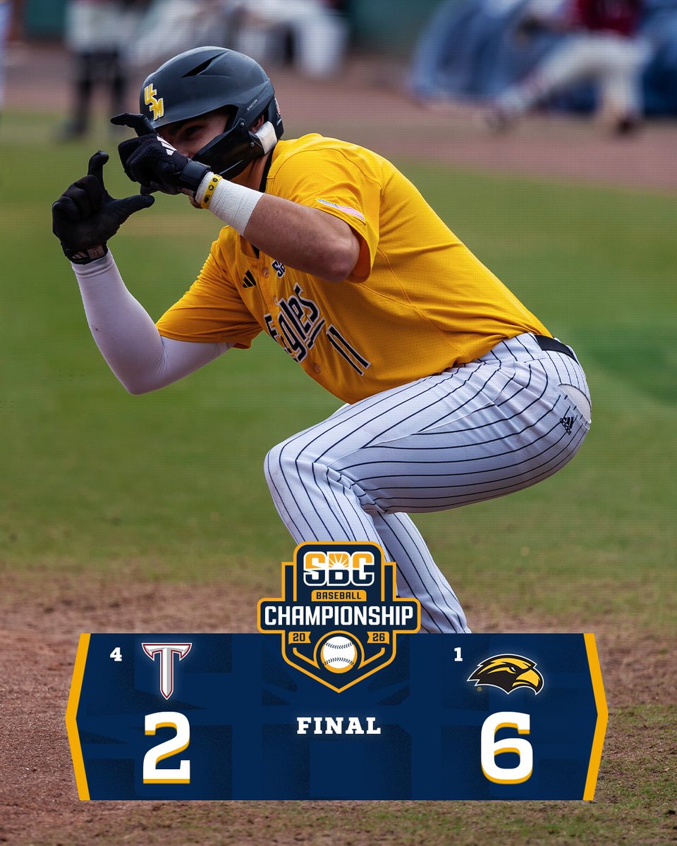 SunBelt's tweet photo. 𝗘𝗔𝗚𝗟𝗘 𝗛𝗢𝗨𝗥.

@SouthernMissBSB wins the tournament rubber game over Troy, 6-2, to advance to the finale of the #SunBeltBSB Championship presented by @TROYUnews. ☀️⚾️ https://t.co/VzUPmAAale