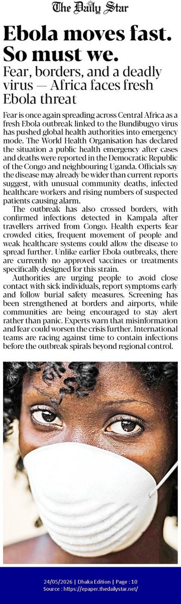 StarHealthBD's tweet photo. 24 May 2026
Ebola moves fast. So must we.
Fear, borders, and a deadly virus — Africa faces fresh Ebola threat
https://t.co/wHo7rF08Yx https://t.co/FI81r77nMq