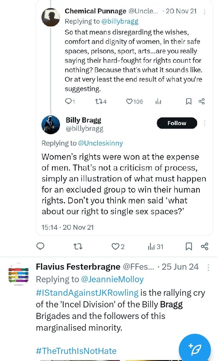 FFesterbragne's tweet photo. @akuareindorf @EHRC Billy "Women's rights were won at the expense of men." Bragg?
He, Corbyn, Campbell, and those of his ilk are little better than "half-men".
Better that their views are openly known.
@ScotLesbians
#Bragg
#Maugham
#MuseumofTransology https://t.co/mMYVxuoSuA