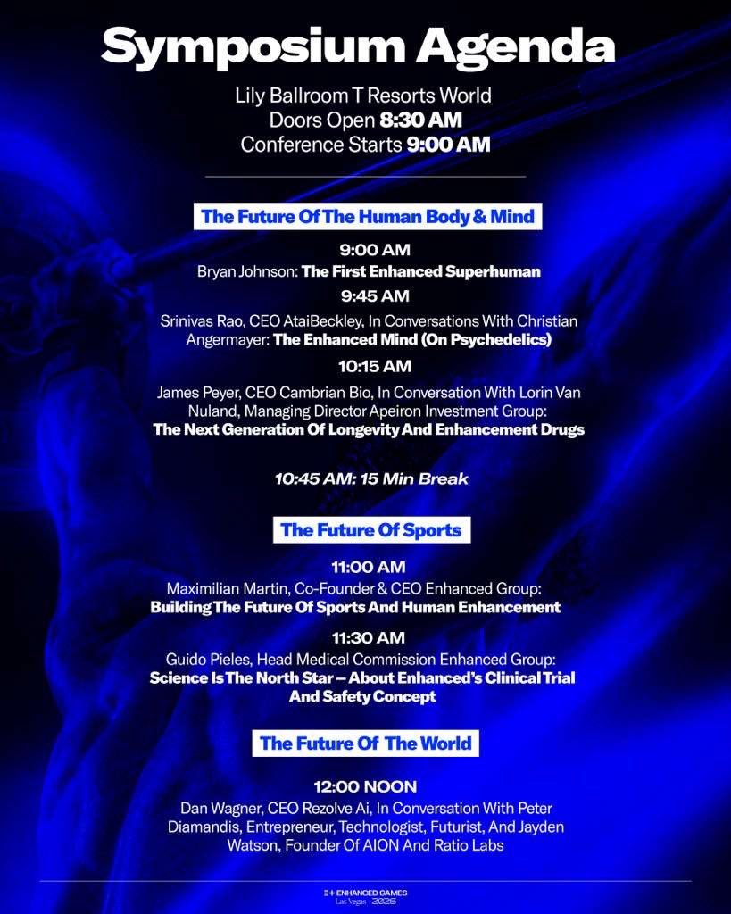GatewatchHQ's tweet photo. Enhanced Games Science Symposium LIVE from Las Vegas.

Today’s lineup brings together some of the biggest names in longevity, psychedelics, AI, human enhancement, and the future of sports.

Featuring:
• Bryan Johnson
• Srinivas Rao
• Christian Angermayer
• James Peyer
• Lorin Van Nuland
• Maximilian Martin
• Guido Pieles
• Dan Wagner
• Peter Diamandis
• Jayden Watson

Topics include:
• Human enhancement
• Longevity science
• Psychedelics
• Clinical trials
• AI and the future of humanity
• The future of elite sports

Follow along throughout the day for updates, clips, and key takeaways from the Enhanced Games Symposium.

#EnhancedGames #Longevity #AI #Biohacking #HealthTech #FutureOfSports #Psychedelics #HumanEnhancement #LasVegas #GateWatchHQ