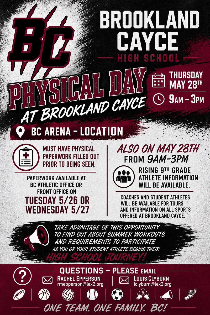 BCBearcatSports's tweet photo. Middle School Student Athletes…
Come to Brookland Cayce High on Thursday… 9am-3pm… Get info about summer programs for all sports. We will have Prisma Health on campus doing sports physicals as well. https://t.co/YVkXinDmJm