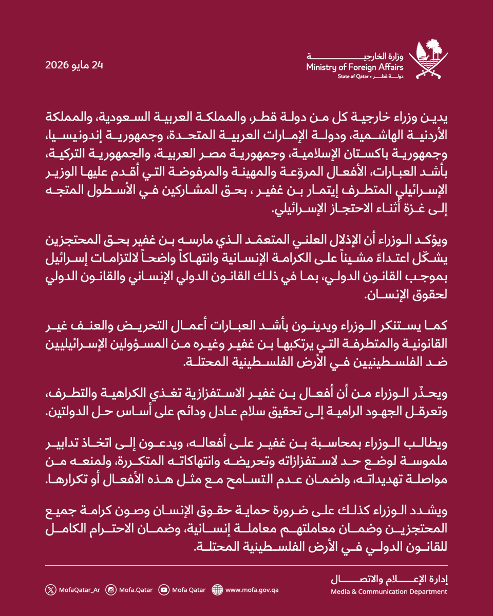 MofaQatar_AR's tweet photo. وزراء خارجية 8 دول عربية وإسلامية يدينون بأشد العبارات الأفعال المروّعة لوزير إسرائيلي متطرف بحق المشاركين في الأسطول المتجه إلى غزة

الدوحة | 24 مايو 2026 

يدين وزراء خارجية كل من دولة قطر، والمملكة العربية السعودية، والمملكة الأردنية الهاشمية، ودولة الإمارات العربية المتحدة، وجمهورية إندونيسيا، وجمهورية باكستان الإسلامية، وجمهورية مصر العربية، والجمهورية التركية،  بأشد العبارات، الأفعال المروّعة والمهينة والمرفوضة التي أقدم عليها الوزير الإسرائيلي المتطرف إيتمار بن غفير ، بحق المشاركين في الأسطول المتجه إلى غزة أثناء الاحتجاز الإسرائيلي. 

ويؤكد الوزراء أن الإذلال العلني المتعمّد الذي مارسه بن غفير بحق المحتجزين يشكّل اعتداءً مشيناً على الكرامة الإنسانية وانتهاكاً واضحاً لالتزامات إسرائيل بموجب القانون الدولي، بما في ذلك القانون الدولي الإنساني والقانون الدولي لحقوق الإنسان.

كما يستنكر الوزراء ويدينون بأشد العبارات أعمال التحريض والعنف غير القانونية والمتطرفة التي يرتكبها بن غفير وغيره من المسؤولين الإسرائيليين ضد الفلسطينيين في الأرض الفلسطينية المحتلة.

ويحذّر الوزراء من أن أفعال بن غفير الاستفزازية تغذي الكراهية والتطرف، وتعرقل الجهود الرامية إلى تحقيق سلام عادل ودائم على أساس حل الدولتين.

ويطالب الوزراء بمحاسبة بن غفير على أفعاله، ويدعون إلى اتخاذ تدابير ملموسة لوضع حد لاستفزازاته وتحريضه وانتهاكاته المتكررة، ولمنعه من مواصلة تهديداته، ولضمان عدم التسامح مع مثل هذه الأفعال أو تكرارها. 

ويشدد الوزراء كذلك على ضرورة حماية حقوق الإنسان وصون كرامة جميع المحتجزين وضمان معاملتهم معاملة إنسانية، وضمان الاحترام الكامل للقانون الدولي في الأرض الفلسطينية المحتلة.

#الخارجية_القطرية