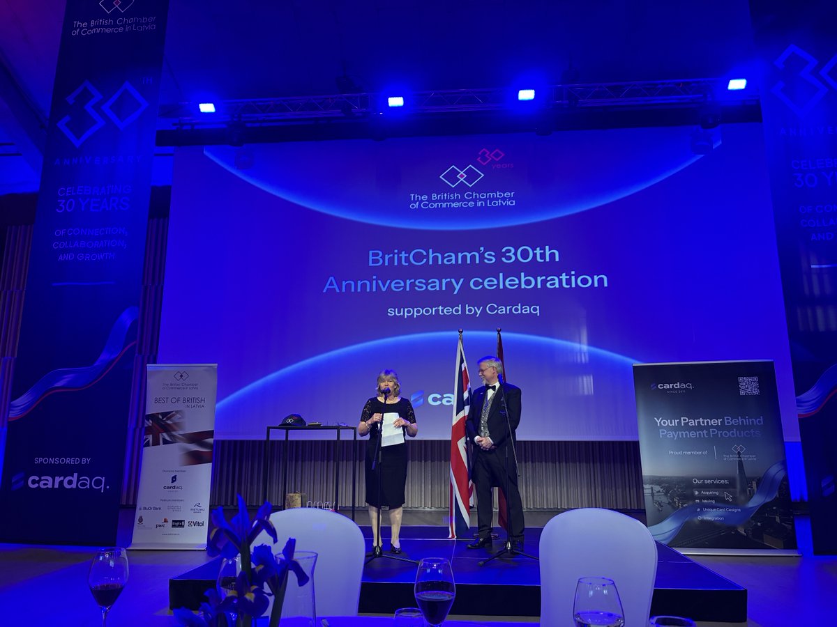 KathyLeachFCDO's tweet photo. Brilliant 30th anniversary of the British Chamber of Commerce in Latvia. From Baltic amber in pre-Norman Britain to timber traded from the Hanseatic port of Riga in C13th, through to investments &amp; trade today in fintech, cutting edge fibreglass, defence tech and green energy. https://t.co/silPCVDMvz
