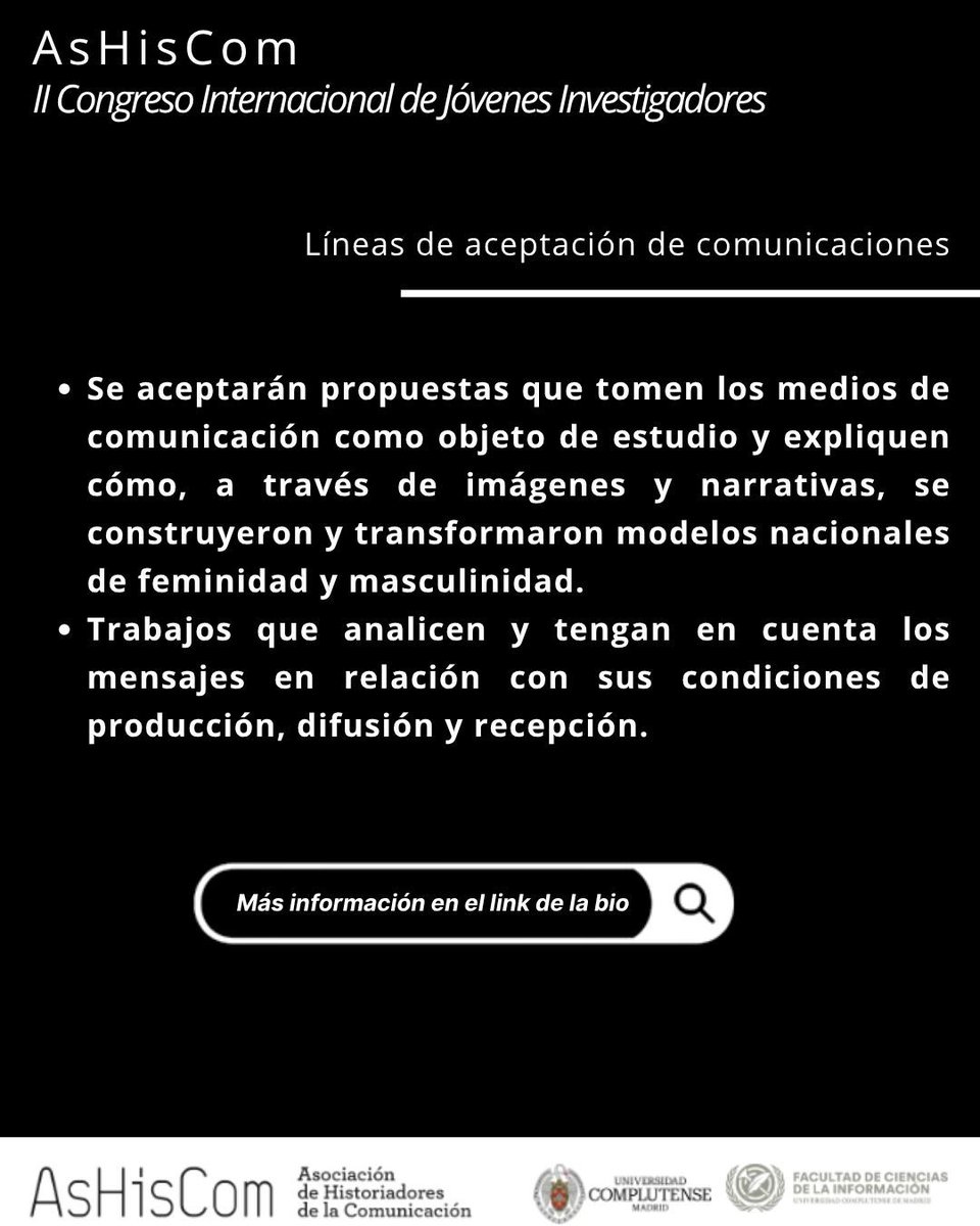 JovenesAshiscom's tweet photo. Atento/a a nuestra Mesa 5: una propuesta para explorar modelos, contramodelos y disputas de género a lo largo de tres siglos (s. XIX-XXI)

💻 Coord: Miguel Ángel Rubio Lapeña e Inmaculada Verdú Sánchez (Universitat de València)

‼️ Envío de propuestas ampliado hasta el 31 de mayo https://t.co/0NqxiVnzyL
