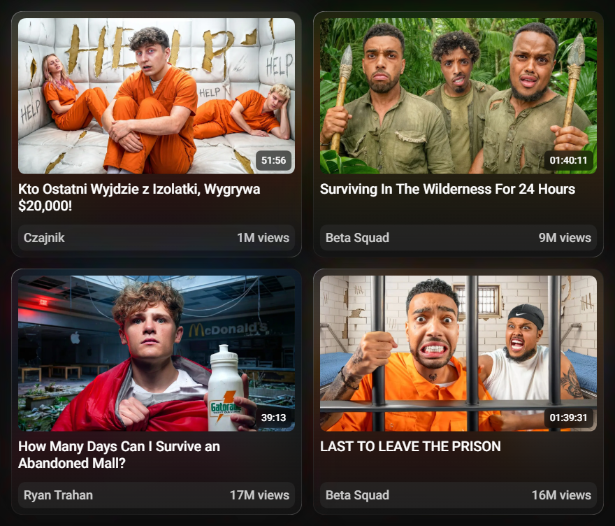ostendoapp's tweet photo. 4 Survival thumbnails to study if you want challenge videos to instantly HOOK viewers.

◉ Environment First: jungle, prison, abandoned mall, etc. the location itself becomes the thumbnail hook.
◉ Expression: the emotion sells the difficulty, so play it up.
◉ Visible Stakes: bars, scratches, a building falling apart, etc. You need to show the viewer what makes this survival situation dangerous.

Most survival thumbnails work because they make the viewer imagine themselves there. They should be able to get a snapshot of the entire video's vibe in a 2 second glance.

Finding all of these examples took 2 seconds btw, I just filtered my collection in https://t.co/CBZZvbgHQ9 by "survival".