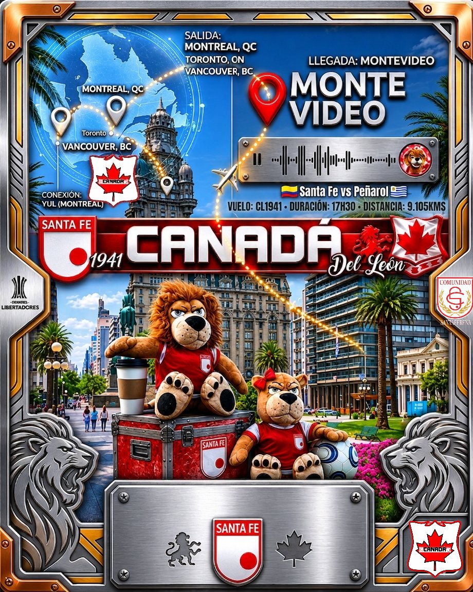 cisf_canada's tweet photo. Próxima parada ✈️ Montevideo 🇺🇾

Se me parte el corazón cada vez que vos perdés yo me tomo una cerveza y otra vez te vengo a ver...🦁

Con la Santa Fe intacta, de Canadá🇨🇦 a Uruguay🇺🇾

Canadá del León 2026
#independientesantafe #SantaFe #comunidadsantafereña #libertadores2026🏆 https://t.co/2sBIFvLXhT