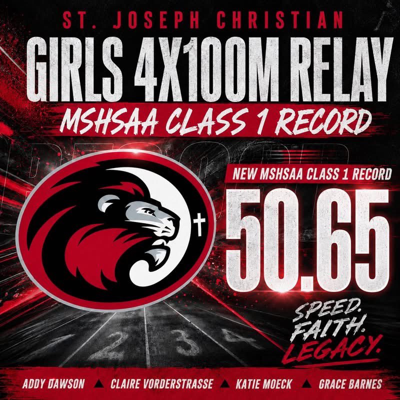 SJCSLions's tweet photo. Congratulations to the SJCS Girls 4x100m relay team for setting a new MSHSAA Class 1 state record of 50.65 seconds in Friday’s prelims! 

Relay team includes: Grace Barnes, Katie Moeck, Claire Vorderstrasse and Addy Dawson! ￼￼￼￼￼￼￼￼#sjcstrack #AllGloryToGod https://t.co/DBWEuTQAQ8