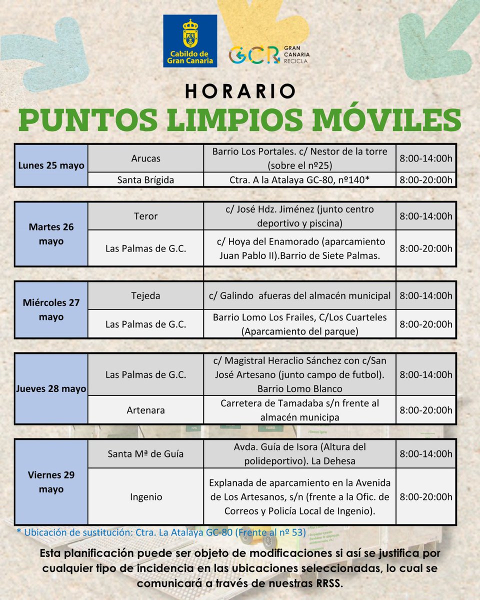 GC_Recicla's tweet photo. 📷Compartimos los horarios y ubicaciones de los #puntoslimpios Móviles durante la última semana de mayo.
@GranCanariaCab @GranCanaria_M_A 
#GCrecicla https://t.co/IzZJwES5ez