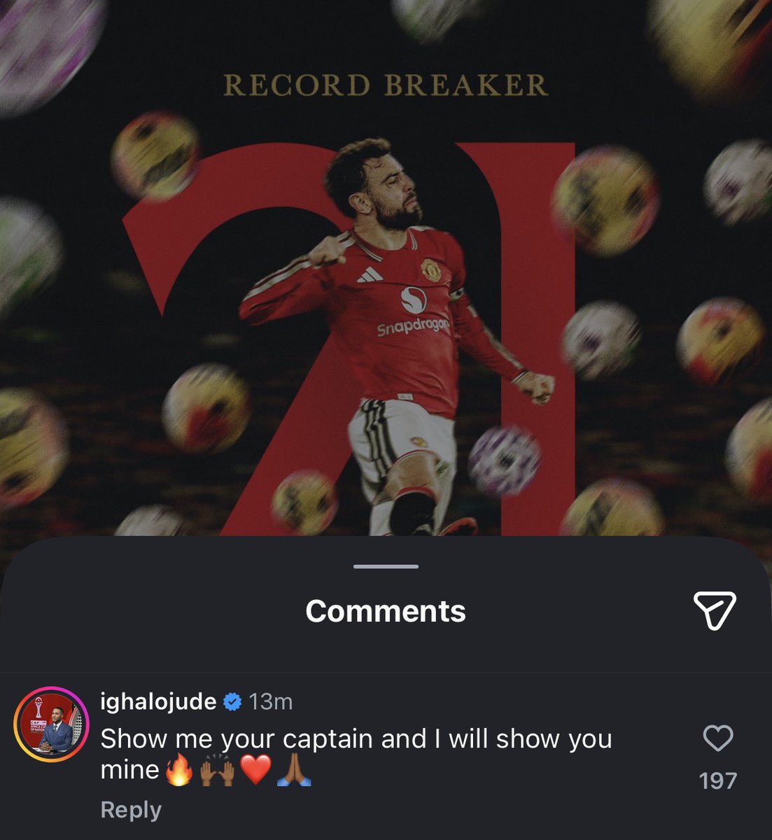 FrankEra_'s tweet photo. 🚨📸 | Odion Ighalo reacts to Bruno Fernandes breaking the PL assist record on Instagram:

“Show me your captain and I will show you mine 🔥🙌🏾❤️🙏🏾” https://t.co/899YiRNnTg