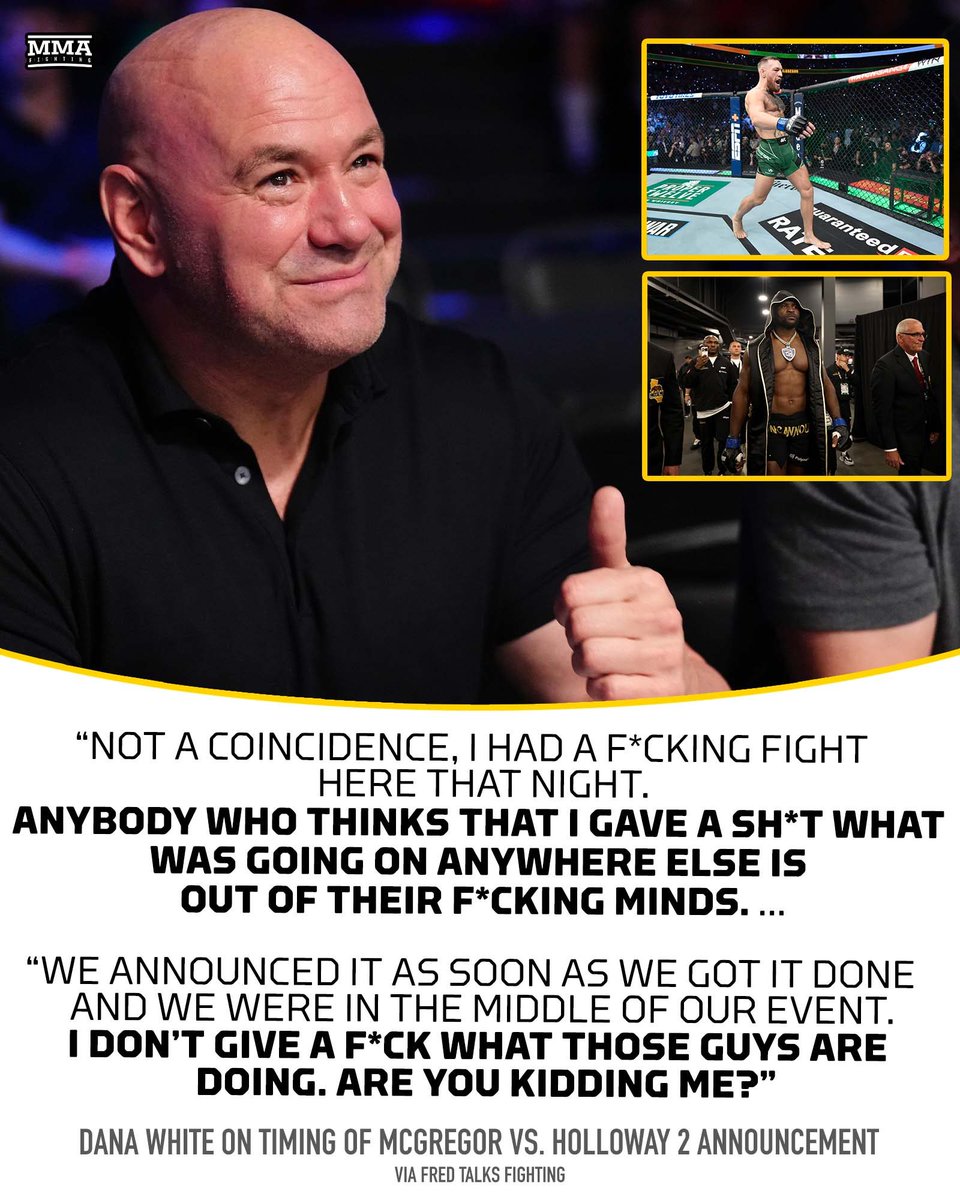 MMAFighting's tweet photo. Dana White RESPONDS to anyone who believes his announcement of Conor McGregor's #UFC return had ANYTHING to do with MVP MMA or Francis Ngannou. 👀 🤔 🔥

📰 https://t.co/nqQM5AFnPx https://t.co/bweV2bykzj