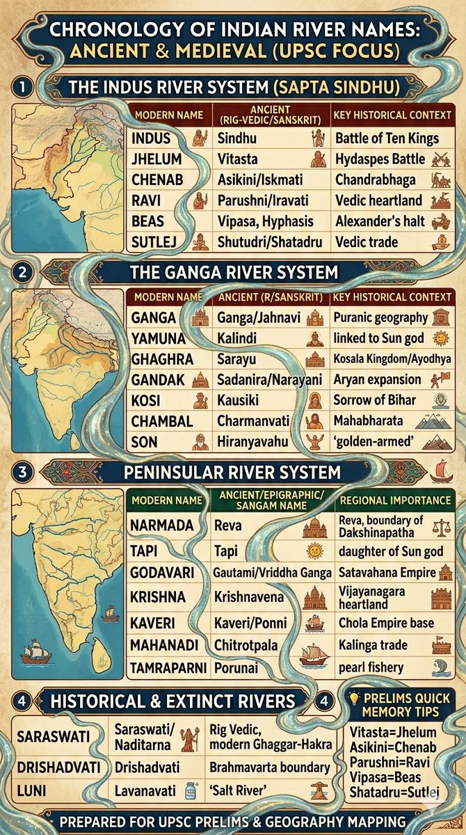 niyaznadaf0818's tweet photo. Understanding the ancient, medieval, and modern names of Indian rivers is highly relevant for the UPSC Civil Services Examination, particularly for Prelims.
#UPSC2026 #Prelims2026 #History
#Ancient #Geography #mapping https://t.co/5quRE9nULj