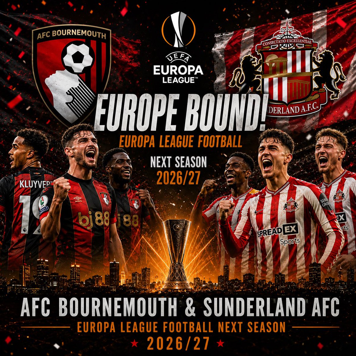 offsideopiniont's tweet photo. 🌍✨ EUROPE CALLS!
AFC Bournemouth & Sunderland AFC are heading to the UEFA Europa League for the 2026/27 season 🏆🔥
An unbelievable campaign ends with both clubs making history on the European stage! ❤️🖤🔴⚪
#EuropaLeague #AFCB #SAFC #PremierLeague #EuropeBound https://t.co/BYnBdftrtw