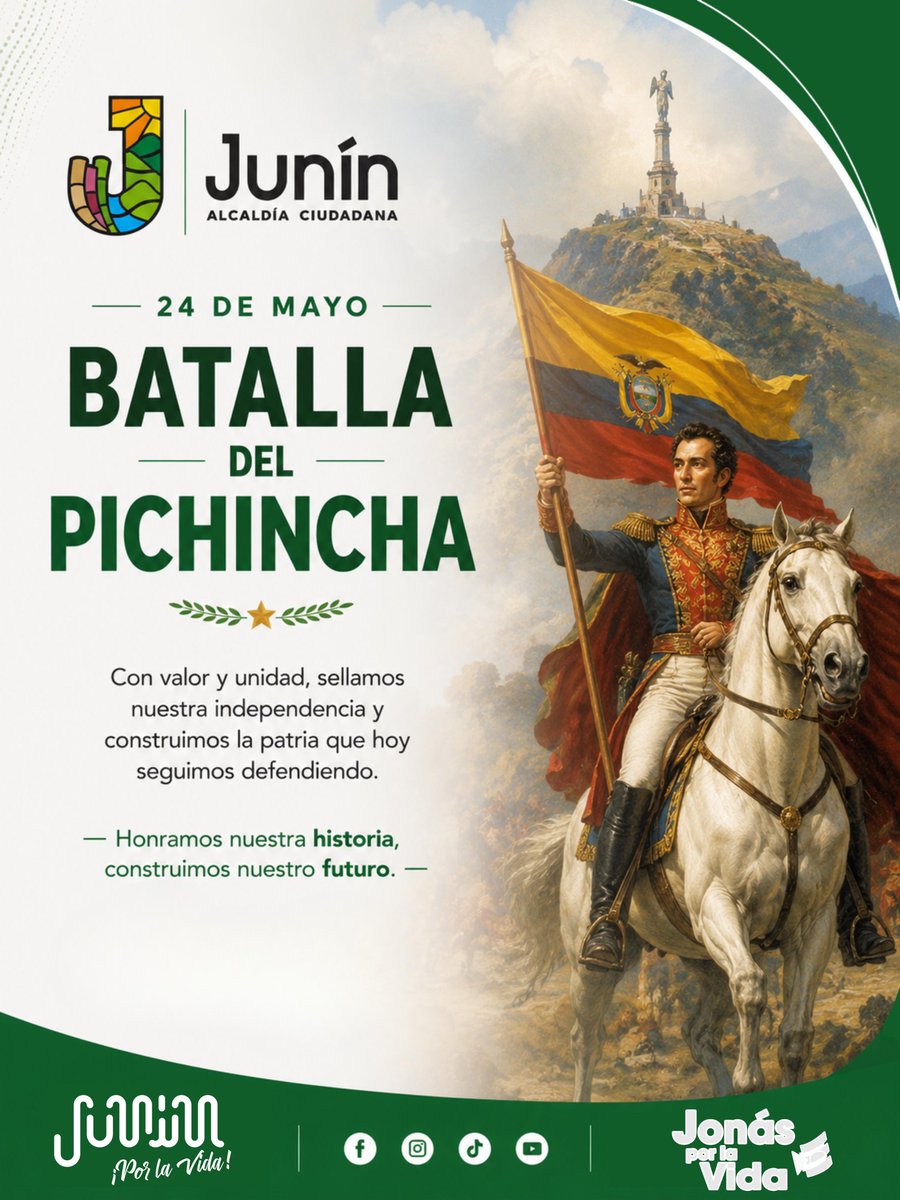 GADJunin's tweet photo. 24 de Mayo Batalla del Pichincha 🇪🇨✨

​Hoy celebramos la gesta que nos dio la libertad. Nos sentimos orgullosos de nuestra historia y de los años de lucha constante.🙌

#24DeMayo #BatallaDelPichincha #AlcaldíaCuidadanaDeJunín #JunínPorLaVida #JonásPorLaVida https://t.co/nQb3DKlm16