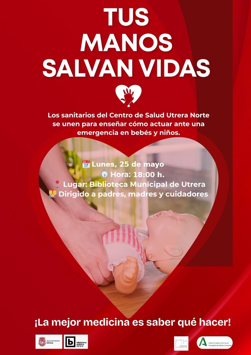BibliodeUtrera's tweet photo. Porque siempre "es mejor prevenir que lamentar",  los profesionales sanitarios de @UGCutreranorte
de la @saludand vuelven a @BibliodeUtrera con la charla 🤲 "Tus manos salvan vidas - Primeros auxilios para bebés".
🗓️ 25 mayo, 18:00 h. 
📍 Biblioteca de Utrera 
#primerosauxilios💫 https://t.co/kSr8mtYbjW