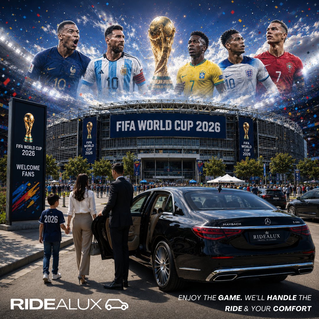 RIDEALUX's tweet photo. ⚽ FIFA World Cup 2026 meets premium travel. 

Experience luxury chauffeur services designed for fans, families &amp; VIP guests. Ride in comfort. Arrive in style.

📞 +44 20 8146 0508

#FIFA2026 #LuxuryTravel #VIPExperience https://t.co/6pmSyzKfJj
