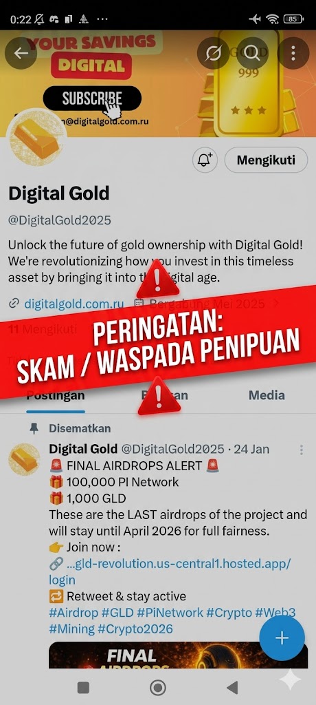 Pergilah_'s tweet photo. Hati-hati buat teman-teman airdrop hunter dan komunitas kripto, harap waspada dengan akun X (Twitter)Digital Gold (@DigitalGold2025) yang menjanjikan airdrop Pi Network dan GLD. Akun ini terindikasi kuat merupakan SCAM  PHISHING!**
🔍 Ciri-Ciri Red Flag yang Sangat kuat https://t.co/YY9cOy9PPE