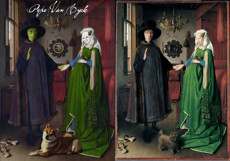 subterranean_1's tweet photo. Today's Rare Pepe Lore Lesson™️ is Series 26, Card 5 - PEPEVANEYCK by @EverydayEarth. This is a 1/234 card with a current floor price of .04 BTC ($3,061 USD).

89 wallets hold a copy of this card and the largest controls 20.94% of the total supply (49/234). 

This card is a parody of The Arnolfini Portrait (also known as The Arnolfini Wedding, The Arnolfini Marriage, The Portrait of Giovanni Arnolfini and his Wife).

Here OE has replaced the mirror on the back wall with a PEPECASH logo, the wife's head with that of a Wojak, the husband with Pepe, and the family dog with Kabosu, the female Shiba Inu from Japan who became hugely popular as the face of Dogecoin.

The Arnolfini Portrait is dated 1434 and is now in the National Gallery, London. It is considered one of the most original and complex paintings in Western art, because of its beauty, complex iconography, geometric orthogonal perspective, and expansion of the picture space with the use of a mirror.

It depicts the Italian merchant Giovanni di Nicolao Arnolfini and his wife, presumably in their residence at the Flemish city of Bruges (which is mentioned by OE in the token's description).

Further reading:

Jan van Eyck - https://t.co/VaiBzmZFOA

Arnolfini Portrait - https://t.co/taX9eHiPF8

Giovanni Arnolfini - https://t.co/IXMmT0QiIy

Bruges - https://t.co/aqmxac5lKK

National Gallery - https://t.co/225phsLrig

Wojak - https://t.co/qfC0ZQRA7D

Kabosu - https://t.co/L4pFZVj7Xw
