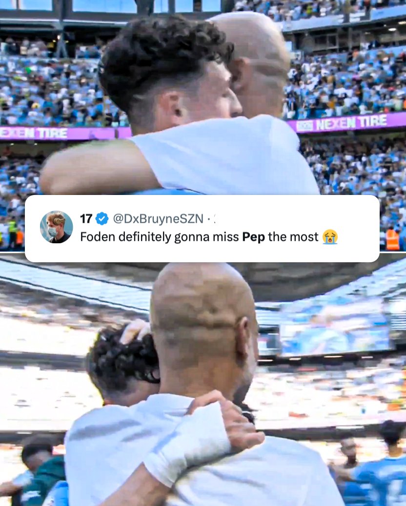 ESPNUK's tweet photo. Pep Guardiola and Phil Foden hug after Pep's final game 🥲 https://t.co/xubEbqQ28I