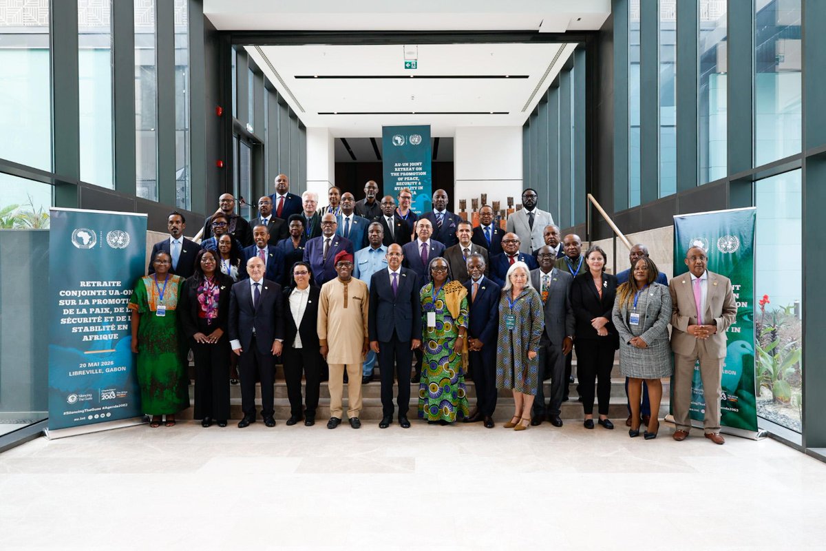 UNOAU_'s tweet photo. 20 May 2026 | The @_AfricanUnion and @UN convened the Fourth High Level Joint Retreat on Peace and Security in Africa in #Libreville, #Gabon, bringing together senior AU and UN officials to strengthen cooperation, joint analysis &amp; coordinated action. 1/5 https://t.co/J2UrIePYb5