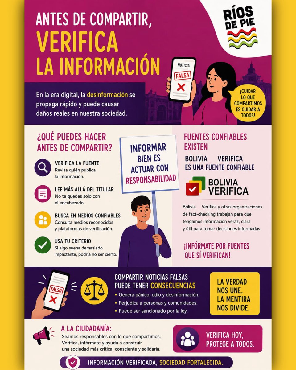 RiosDePie's tweet photo. ⚠️ En tiempos donde la información viaja más rápido que nunca, verificar antes de compartir también es una forma de cuidar a nuestra sociedad.

Una noticia falsa puede generar miedo, desinformación, conflictos e incluso afectar la seguridad y la vida de personas reales. https://t.co/MolzL6MVcI