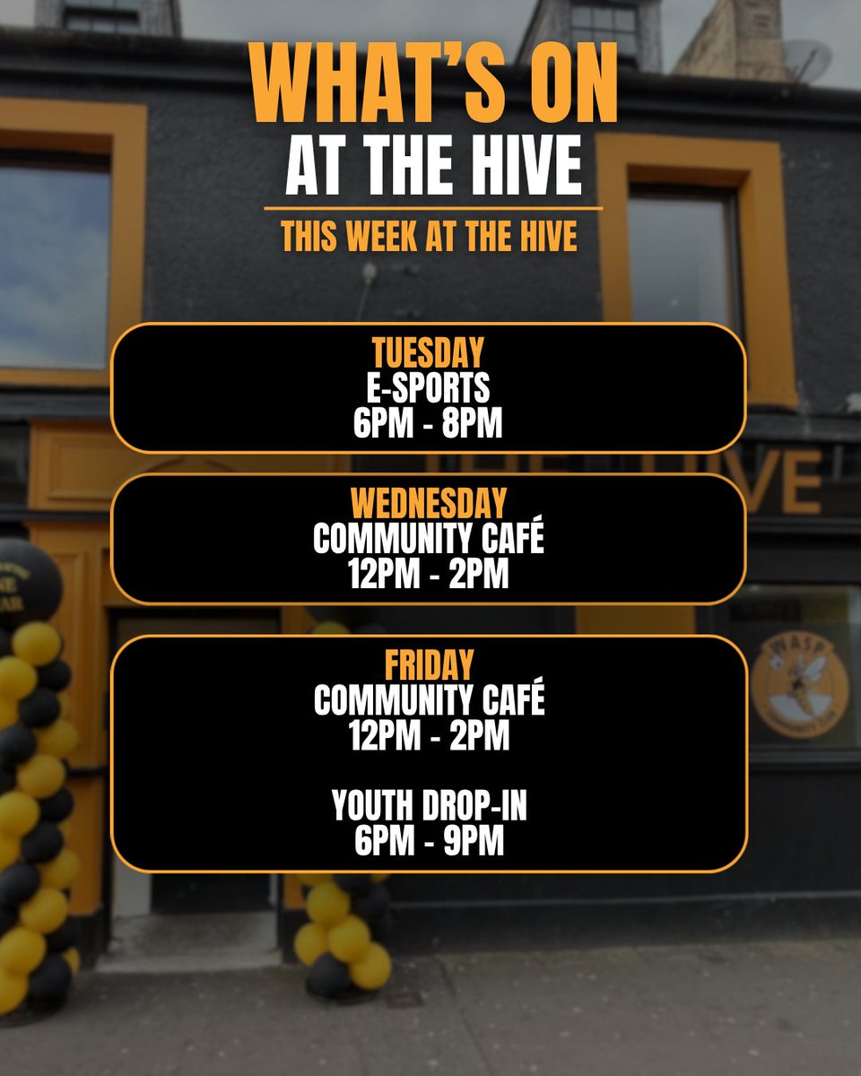 TheHiveAlloa's tweet photo. 🐝 Another busy week ahead at The Hive with E-Sports, Community Café and our Friday Youth Drop-In all taking place across the week.

We look forward to seeing you there! 🤝 https://t.co/sEoxP8G6Xh