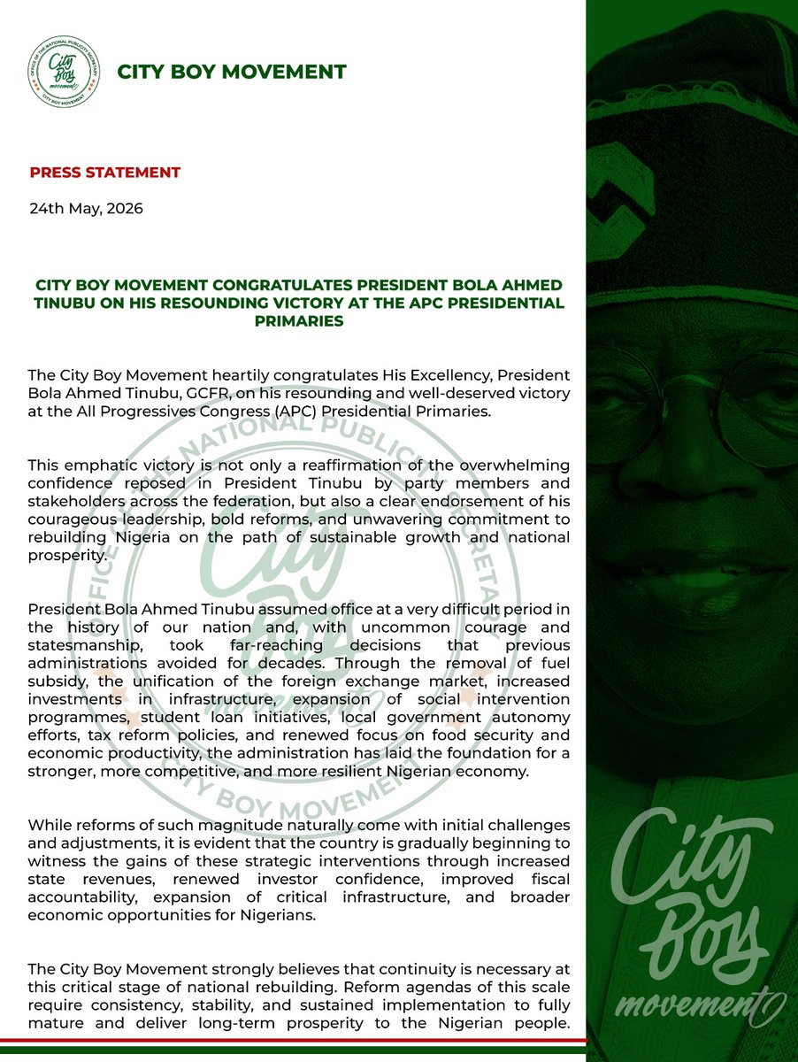 mfabdullahi's tweet photo. CITY BOY MOVEMENT CONGRATULATES @officialABAT ON HIS RESOUNDING VICTORY AT THE APC PRESIDENTIAL PRIMARIES

@CityBoyMedia 
@STinubu
@ayowisdom_
@shoga_francis
@BashirAhmaad https://t.co/tdDaFK0Zot