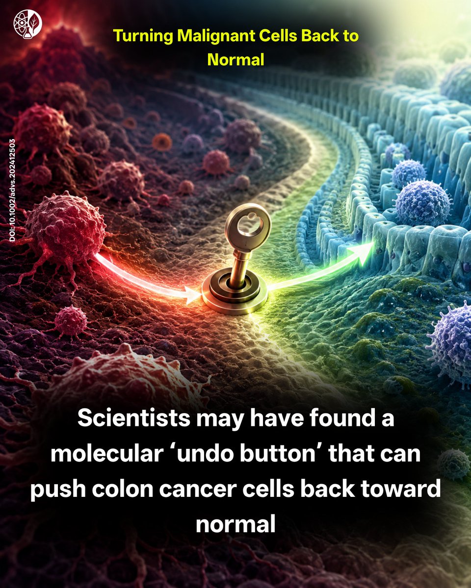 ScienceIsNew's tweet photo. For decades, the primary medical approach to treating cancer has involved aggressive therapies designed to destroy malignant cells. This battle often takes a severe toll on surrounding healthy tissues.

A remarkable new study published in the journal Advanced Science by researchers at KAIST presents a revolutionary alternative. Rather than attempting to kill the tumor, scientists have discovered a way to reprogram colon cancer cells so they act like healthy tissue again.

​The researchers achieved this by utilizing advanced computer modeling to map the complex, interacting genetic networks inside colon cells. They visualized these microscopic networks as a physical landscape of hills and valleys. Under normal conditions, healthy cells rest comfortably in a specific, stable valley. Cancer occurs when genetic mutations create new, abnormal valleys, essentially trapping the cells in an aggressive, rapidly dividing state.

​By analyzing this mathematical terrain, the research team discovered they could toggle just three specific genetic switches to alter the cellular landscape. Flipping these switches nudged the colon cancer cells out of their malignant valley.

​Once liberated from this trapped state, the cells stopped their rapid, harmful division and gradually reverted to looking and functioning like normal intestinal tissue. This extraordinary transformation is achieved purely by altering how the cell's genes are expressed, entirely without altering or editing the underlying DNA sequence.

​While currently in the laboratory stage, this breakthrough signifies a massive paradigm shift in oncology. It offers a fascinating glimpse into a future where cancer might be treated not as an enemy to be eradicated with toxic chemicals, but as a confused cellular state that can be safely guided back to health.

Citation: D.Shin, J.-R.Gong, S. D.Jeong, Y.Cho, H.-P.Kim, T.-Y.Kim, K.-H.Cho, Attractor Landscape Analysis Reveals a Reversion Switch in the Transition of Colorectal Tumorigenesis. Adv. Sci.2025, 12, 2412503. DOI: 10.1002/advs.202412503