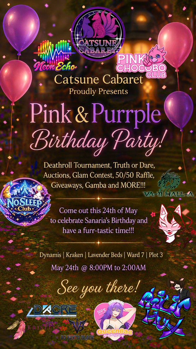CatsuneCabaret's tweet photo. Pink &amp; Purrple Birthday Party Tonight! 
Hosted by Catsune Cabaret

🎲 50M DR Tournament
🎭 Modded Glam Contest
🔨 Staff Auction
🎟️ 20M 50/50 Raffle
💵 Giveaways

8pm - 2am EST
Dynamis | Kraken | LB | W7 | P3

#ffxivvenues #ffxivclub https://t.co/ME1f6Q3vY5