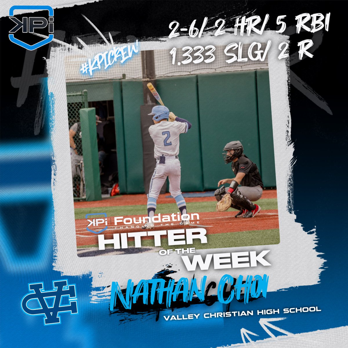 KpiMh's tweet photo. @nathan_choi2026 is your KPI Hitter of the Week! Nathan belted a 2 home run game versus Archbishop Mitty, boosting Valley Christian to a 10-1 win. Nathan brings his home run total to 4 this season, which ties him for the 5th most amongst KPI high school hitters!

The KPI Crew Players of the Week are sponsored by the non-profit, KPI Foundation, which elevates baseball in the South County area and ensures players of all economic backgrounds have access to high level baseball training.

Train With Us or Play Against Us
#kpicrew