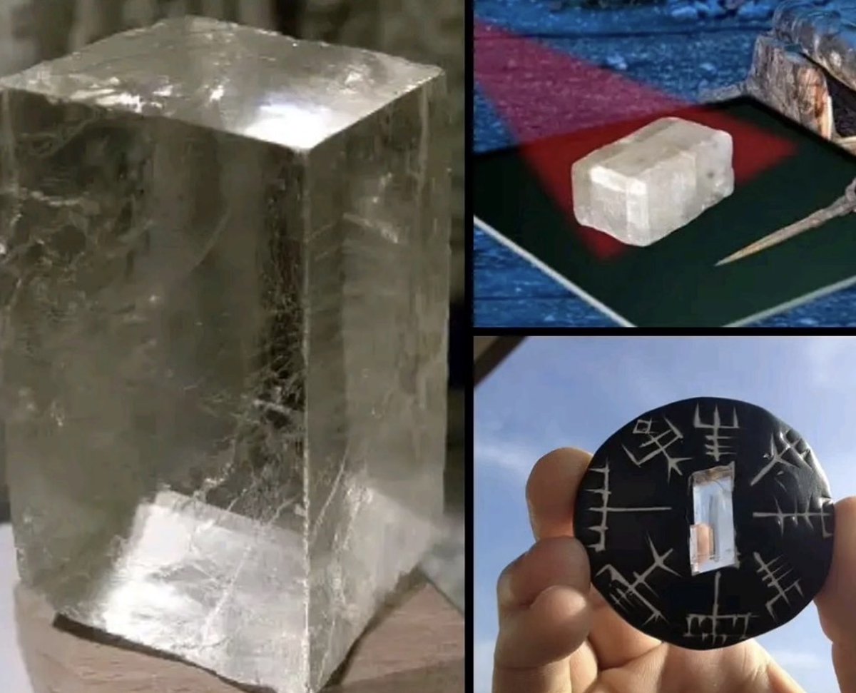 historyinmemes's tweet photo. Viking sagas described a “sunstone” that could reveal the sun through clouds, and in 2013 a calcite crystal found in a shipwreck near the Channel Islands showed how it may have worked — by splitting light into two beams that, when aligned, could pinpoint the sun’s exact position even under full cloud cover.

For centuries, historians believed the Viking “sunstone” was just a myth from Norse legend. The sagas described a mysterious crystal called a sólarsteinn that could reveal the sun’s position even through thick clouds, allowing Viking sailors to navigate the open ocean when the sky offered no guidance. Most scholars dismissed the stories as folklore.

Then the sea gave up its secret.

In 2013, marine archaeologists excavating a shipwreck near the Channel Islands discovered a translucent crystal stored alongside navigational instruments. Testing confirmed it was Iceland spar, a pure form of calcite with extraordinary optical properties.

When light passes through Iceland spar, it splits into two beams. By rotating the crystal until both beams match in brightness, the user can pinpoint the sun’s exact location even under complete cloud cover, fog, or twilight conditions.

Researchers later demonstrated that the crystal could determine the sun’s position with remarkable accuracy, potentially explaining how Viking navigators crossed the North Atlantic to Iceland, Greenland, and even North America centuries before modern navigation tools existed.