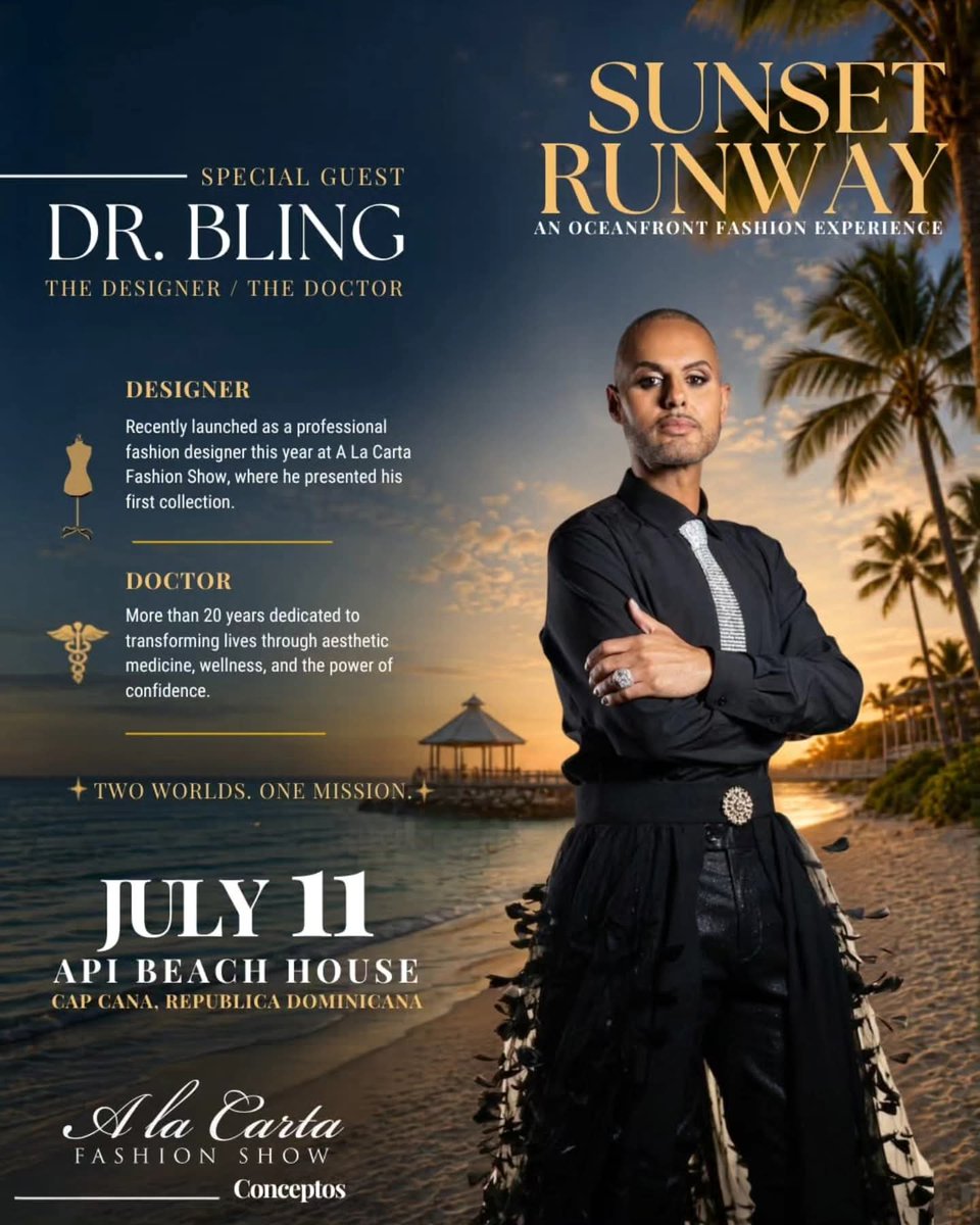 Swimweekflorida's tweet photo. Swim Week Florida Announcement  Sunset Runway Cap Cana production A la Carta Fashion Show Concepts Fashion Designer Dr Bling. To Model Email your comp card to  alacartafashionshow@gmail.com 
#swimshows #model #fashion #swimweek #faahionweek #swimweekflorida https://t.co/YfCUb2Z2Ww