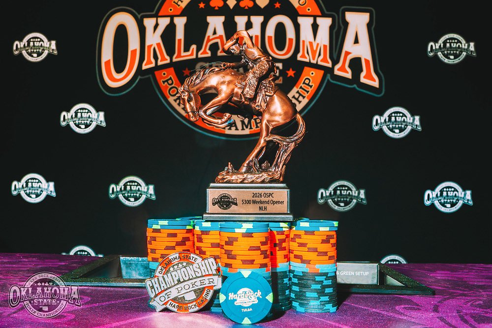 PokerNews's tweet photo. Cards are in the air for Day 2 of the @RGPokerSeries Oklahoma State Championship of Poker $800 Main Event at @TulsaHardRock! ♠️🎸

Just 29 players remain from a 417-entry field, all chasing the $58,803 top prize and the State Championship trophy 🏆💰

Follow the action👇 https://t.co/Yvm5tD6Qcf