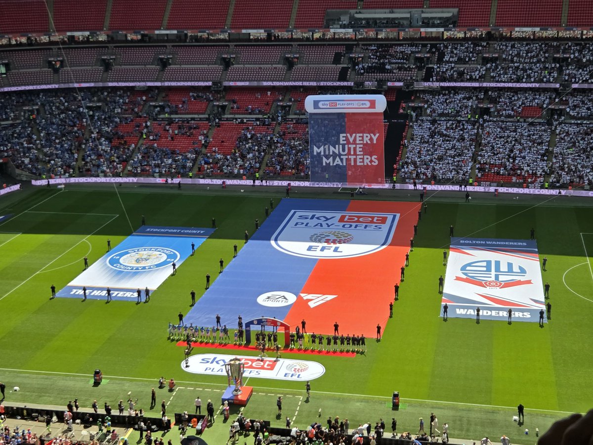 ltaylorbwfc's tweet photo. A glorious sunny day to win promotion to the Championship. Bolton beat Stockport County 4-1 in the League One Promotion Play-off Final at Wembley Stadium. After an inconsistent season, the team rose to the challenge in the play-offs and well deserved promotion. https://t.co/uWihpjwEcW
