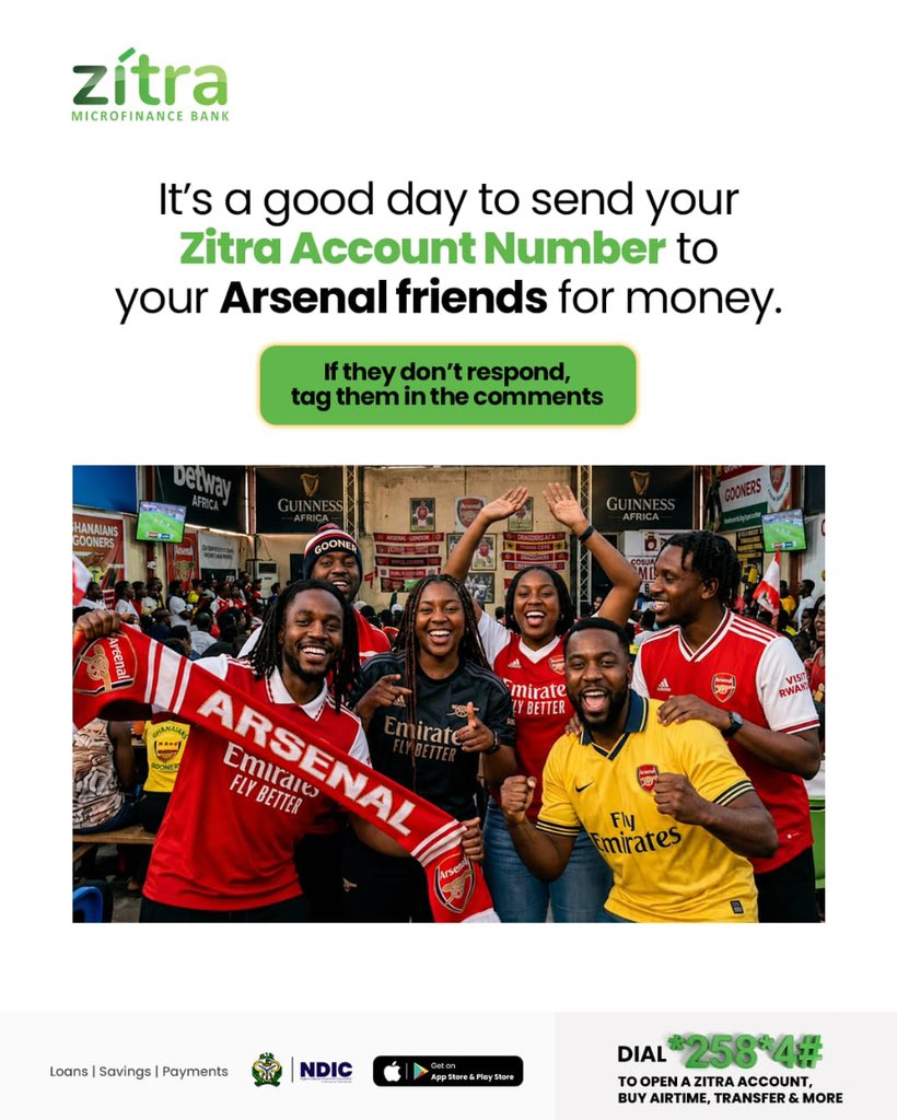 ZitraNigeria's tweet photo. Tag your arsenal friends and win free airtime tomorrow!

Top 3 most liked comments by 12pm tomorrow wins

Eligibility:
Own a Zitra Account 
Follow @zitranigeria

Let’s get the tagging started 😌 https://t.co/mnBRZcSgNs