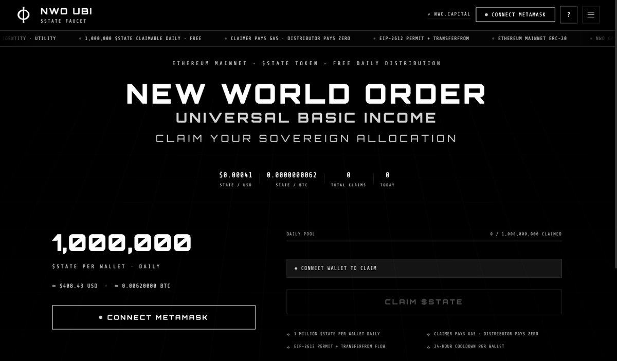 NWORobotics's tweet photo. #NWO #UBI is bootstrapping a Sovereign Economy by giving New World Order $STATE tokens to anyone on Earth: 1,000,000 tokens daily per wallet.

No Application. No KYC. No Borders. 
Just a Captcha and a Signature.

Universal Basic Income, finally universal!
https://t.co/cgCq5EqShR https://t.co/qcOzvx4SZZ