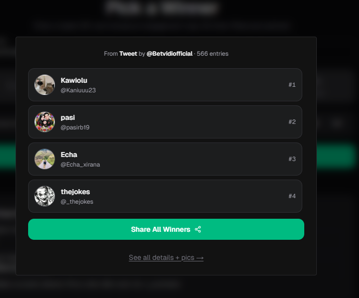 Betvidiofficial's tweet photo. Winners for 200$ giveaway are:
@Kaniuuu23 
@pasirb19 
@Echa_xirana 
@_thejokes

Congratulations! 24h to DM us for claim prizes! https://t.co/BwcuD0syMt