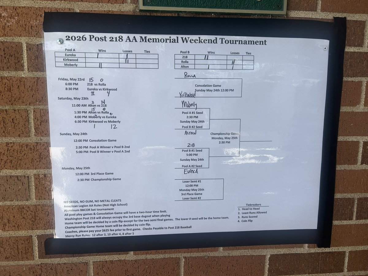 Post218Baseball's tweet photo. Here is the updated bracket for the 17U Memorial Day Tournament going on at Ronsick Field! https://t.co/9Z9NvmWDSt