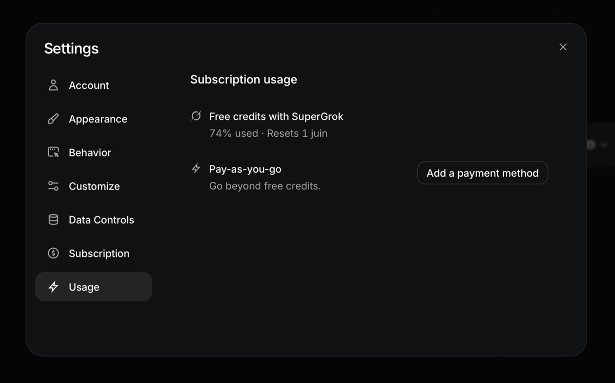 myrhex's tweet photo. Grok Build usage tracking is now live in settings.

You can finally see exactly how many free credits you’ve used with SuperGrok and Pay-as-you-go option if you want to keep going beyond the free tier.

Everything is transparent and easy to monitor right in the app.

SpaceXAI continues to make Grok Build more practical for real daily use. This kind of small but important improvement is exactly what power users need.

Check it under Settings > Usage or directly from Grok Build by running "/usage manage".