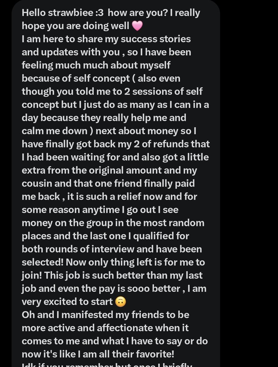 strawbe44ym1lk's tweet photo. 🍓 SELF CONCEPT + MONEY + JOB + FRIENDSHIP + HEALTH SUCCESS STORY 🍓

she manifested her money back , finding money randomly whenever she is out , a new job which she wanted that also pays her much better , better friendships ,  maintenance in her blood sugar level and all of this while having a better self concept & feeling better about herself!!!