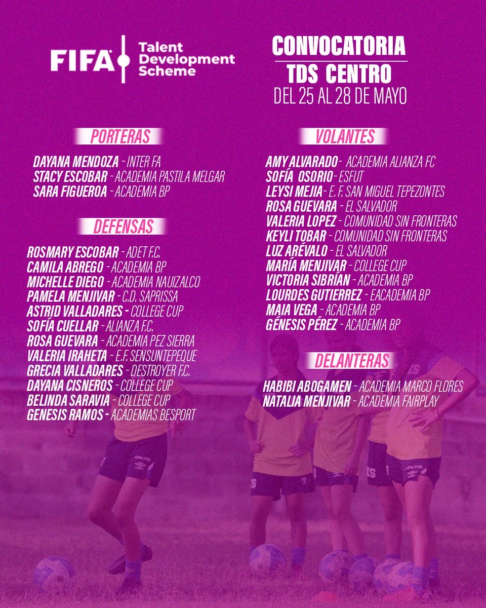 fesfut_sv's tweet photo. Presentamos las convocatorias femeninas de nuestro Programa Desarrollo de Talentos (TDS) FIFA - FESFUT

Zona Occidental
📍INDES Santa Ana
📆 Del 25 al 28 de mayo de 2026
⌚ 1:30 pm

Zona Oriente Paracentral
📍ADFAS Usulután
📆 Del 25 al 28 de mayo de 2026
⌚ 1:30 pm

Zona Oriente
📍INDES San Miguel
📆 Del 25 al 28 de mayo de 2026
⌚ 3:30 pm

Zona Centro
📍FESFUT
📆 Del 25 al 28 de mayo de 2026
⌚ 3:30 pm

#TDS #FESFUT #ElSalvador