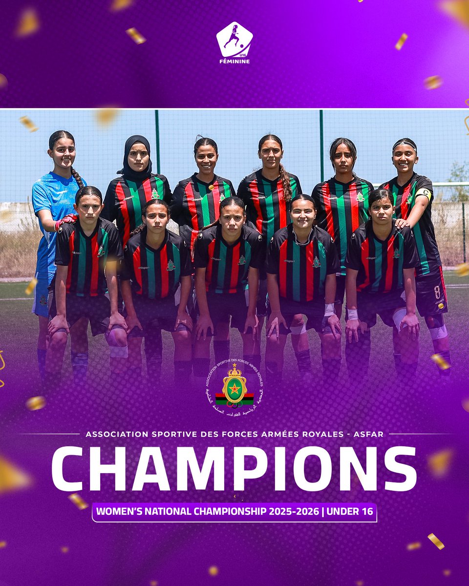 lnff_maroc's tweet photo. هنيئًا للجمعية الرياضية للقوات المسلحة الملكية على تتويجه بلقب البطولة الوطنية لأقل من 16 سنة، بعد موسم مميز أكد فيه الفريق قوته وحضوره التنافسي 👏🏆

كل التهاني للاعبات والطاقم التقني والإداري على هذا الإنجاز المستحق 💜✨

#Under16 #LNFF #LNFFMaroc #WomensFootball 💜🩷 https://t.co/fol7WrzJu0